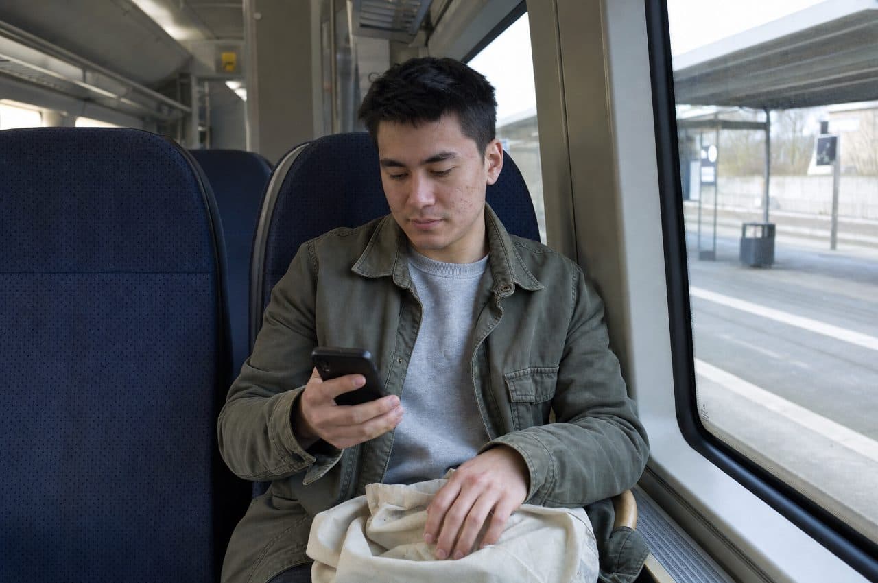Bruger tjekker sin opgørelse på mobilen i toget